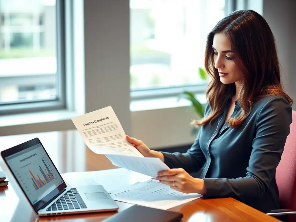A data protection officer reviews GDPR compliance documentation, ensuring adherence to data privacy regulations and safeguarding personal information.