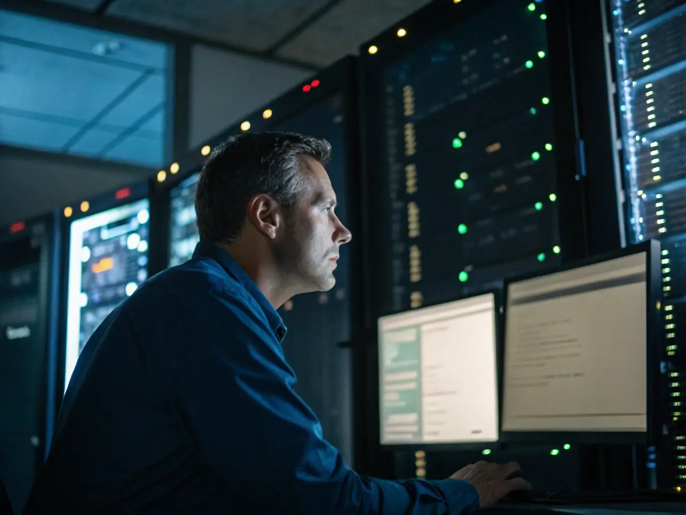 A focused image of a cybersecurity expert conducting a penetration test on a network server, highlighting the technical skills and attention to detail involved in identifying vulnerabilities.